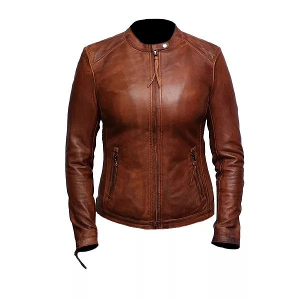 Women Slim Fit Zipper Brown Leather Jacket Women Slim Fit Zipper Brown Leather Jacket