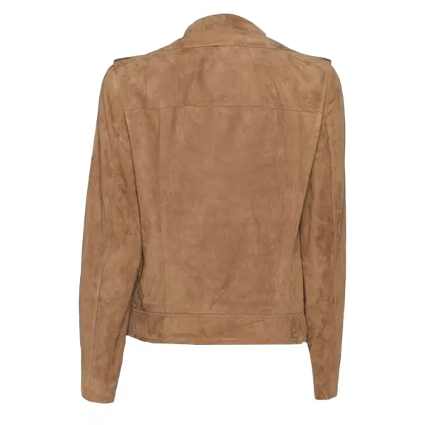 Women Brown Asymmetrical Collar Suede Moto Jacket Women Brown Asymmetrical Collar Suede Moto Jacket