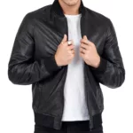 Mens-Classic-Slim-Fit-Bomber-Black-Leather-Jacket