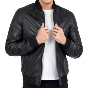 Mens-Classic-Slim-Fit-Bomber-Black-Leather-Jacket